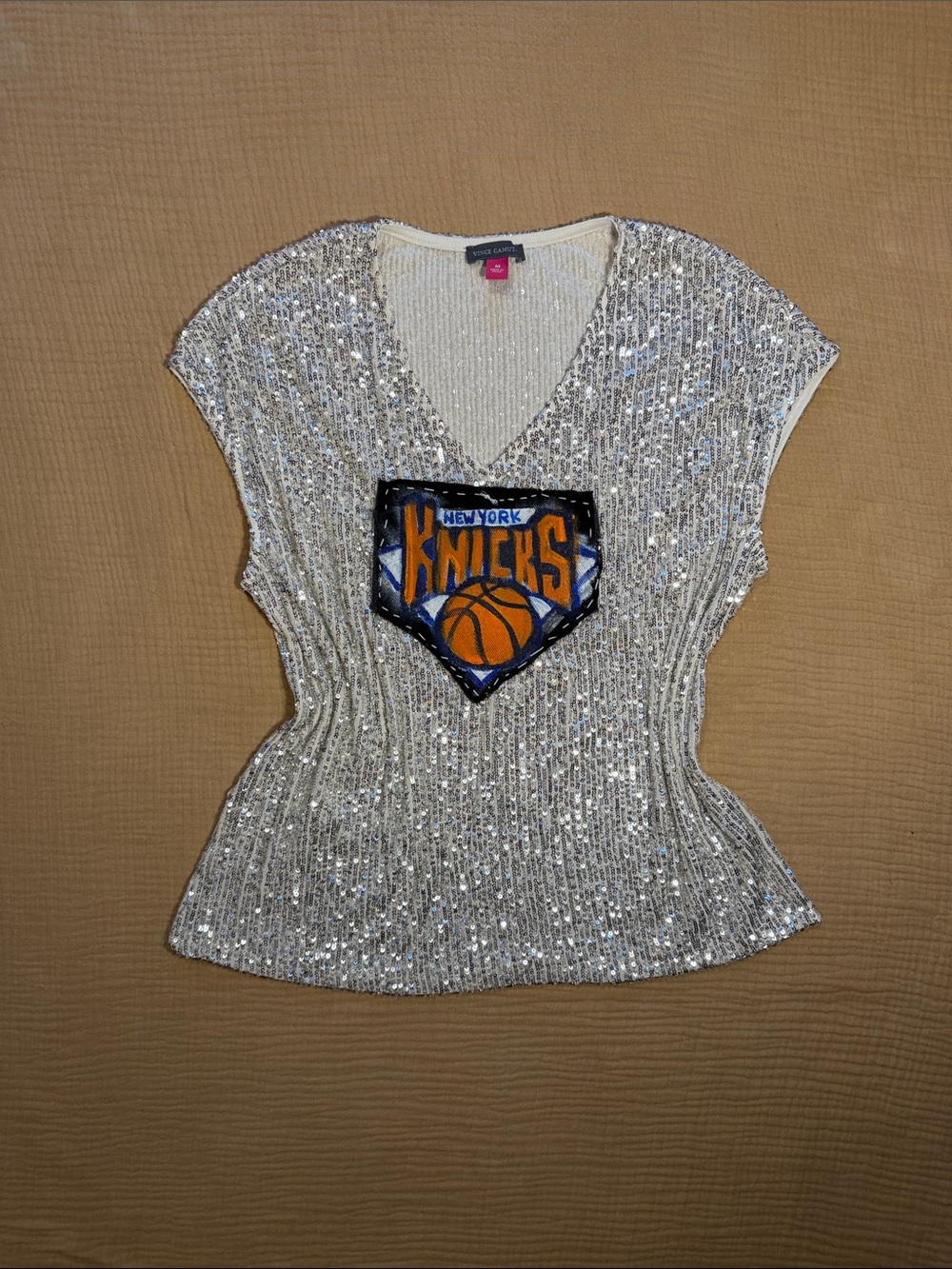 Custom Upcycled Vince Camuto Sleeveless Silver Sequin New York Knicks Logo Top